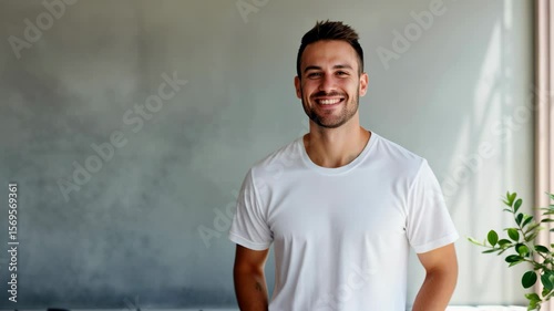 Smiling man in a casual white t-shirt poses in a modern interior setting with natural light