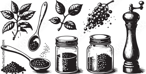 Black peppercorns with leaves spoons jars and grinder peppercorn plant peppercorn leaves