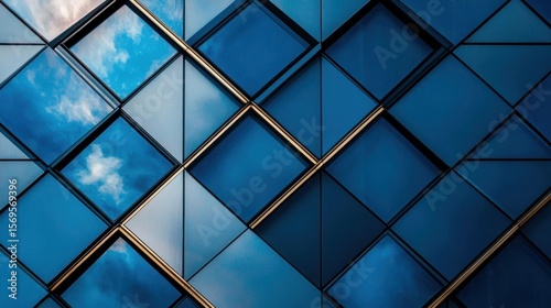 Close-up of a modern building with a blue sky and clouds reflected in the glass windows. the windows are arranged in a diamond pattern, creating a geometric design.