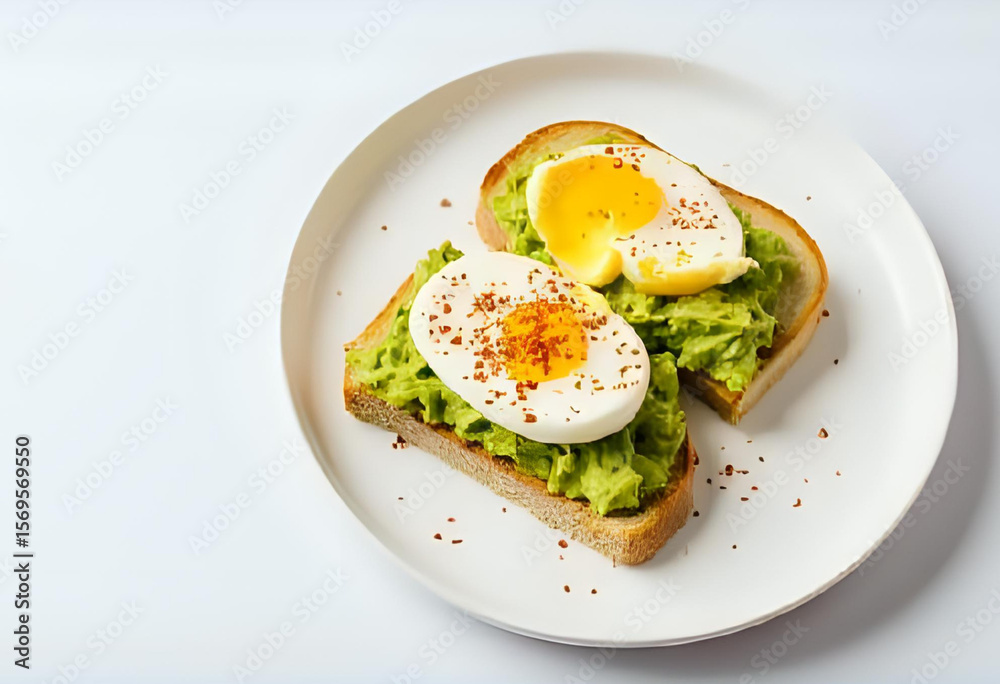 Flat lay of sourdough toast with mashed avocado and poached egg on top, sprinkled with chili flakes. Clean white plate and background, healthy brunch theme. Flat lay of sourdough toast with mashed avocado and poached egg on top, sprinkled with chili flakes. Clean white plate and background, healthy brunch theme.