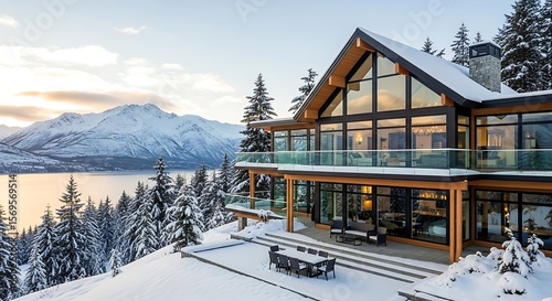 Modern luxury mountain home overlooking snowy lake and majestic peaks