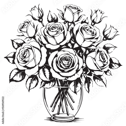 Elegant black and white line art illustration of a bouquet of blooming roses and buds in a glass vase
