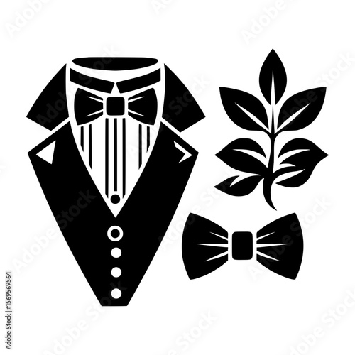 A tuxedo with a bow tie and a plant isolated on white background