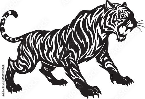 Stylized tribal tiger silhouette, sharp angular patterns, aggressive stance, abstract claws and tail, black ink design on white background, tattoo style Adobe Illustrator Artwork