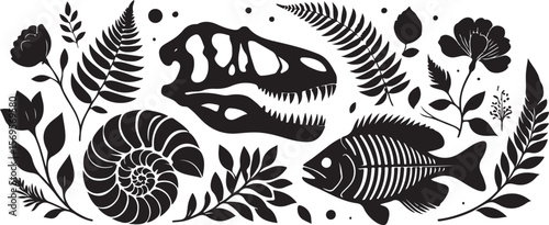 Dinosaur skull fossil fish skeleton ammonite fern flowers vector