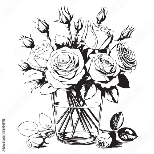 A striking black and white line art illustration of a bouquet of roses with buds in a clear glass vase