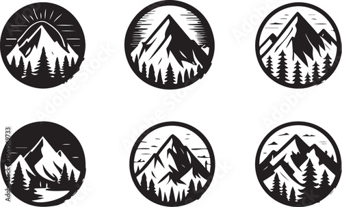 Mountain forest landscape circular emblems trees nature