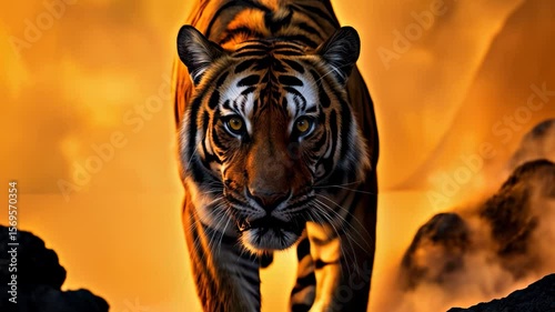 Majestic tiger prowls through rocky terrain at sunset capturing the wild aura of nature
