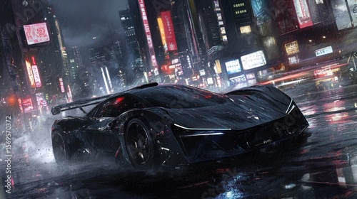 Futuristic city street scene with sleek sports car