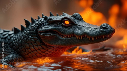 Crocodile emerges from fiery lava flow in dramatic volcanic landscape