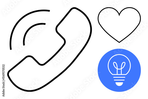 Phone receiver for communication, heart symbolizing connection, and light bulb representing innovation. Ideal for tech, customer service, ideas, creativity, networking, relationships and simple