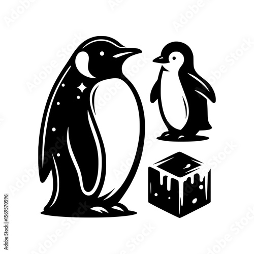 Two stylized penguins stand near a melting ice cube in a graphic design