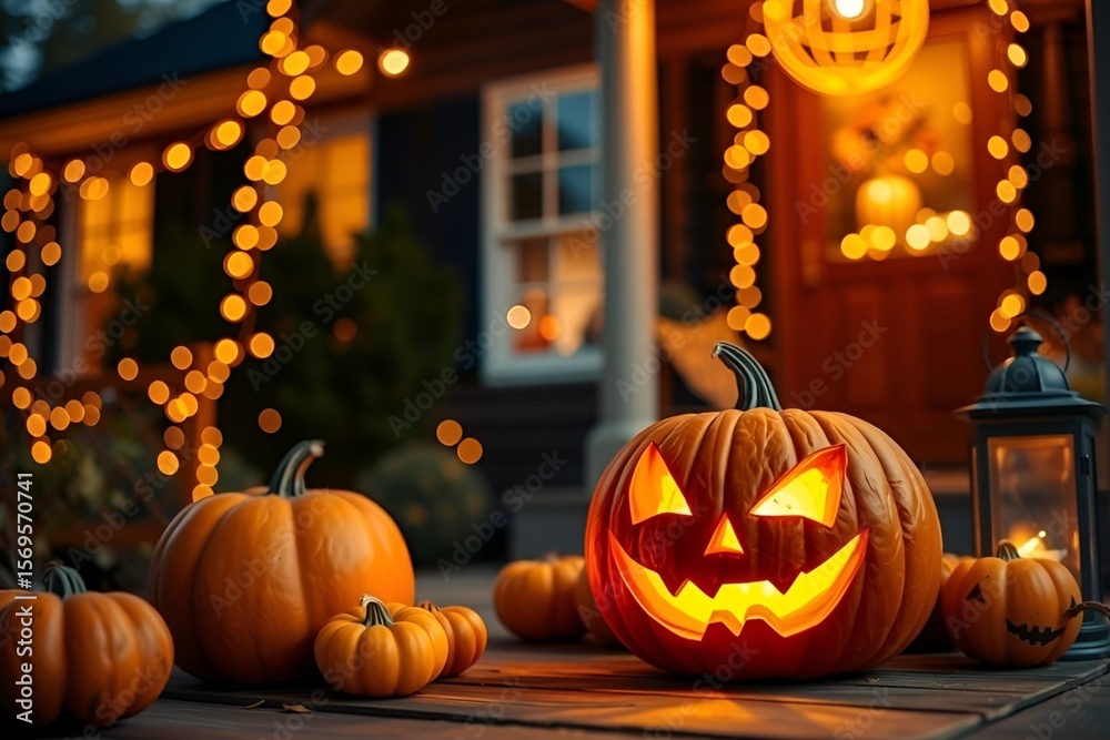 Obraz premium Cozy Halloween Porch with Glowing Jack-o'-Lantern, Pumpkins, and Lantern Light