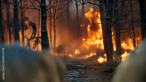 Wolves run through a forest as flames engulf the trees, creating a dramatic and intense atmosphere