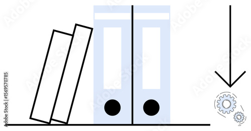 Two upright binders, two leaning books, downward arrow pointing to gears signifying automation. Ideal for organization, workflow, productivity, data management, office work, minimal design simple