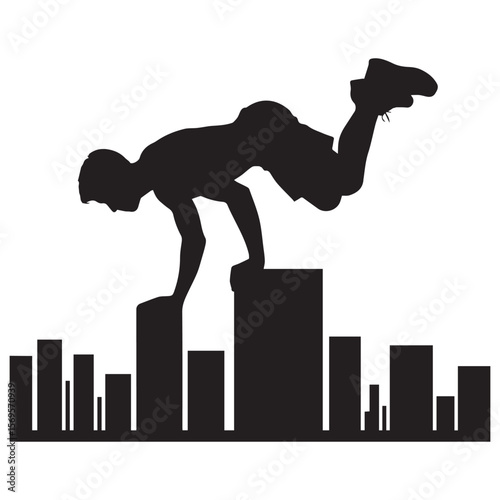Silhouette of a man performing a handstand on top of buildings against a white background representing urban parkour