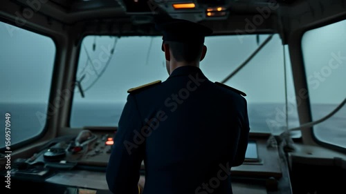 Navigator operates ship controls during stormy weather at sea in the evening hours
