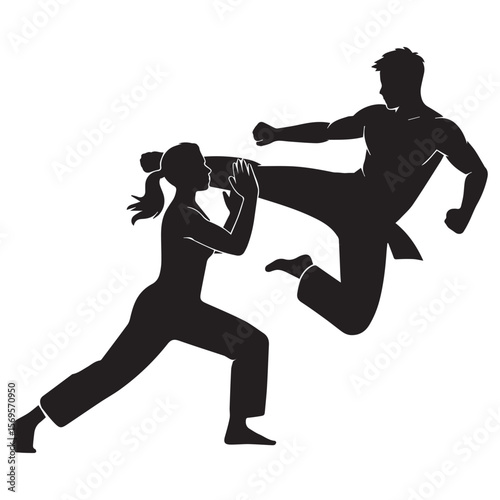 Dynamic silhouette of a male martial artist performing a high flying kick towards a female opponent blocking with her hands
