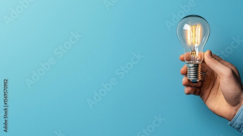 Hand holding a light bulb against a blue background. the hand is positioned in a way that the fingers are slightly curled around the base of the bulb.