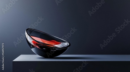 3d rendering of a modern glass bowl on a black pedestal. the bowl is spherical in shape and has a glossy finish. it has a curved shape with a pointed top and a flat base.
