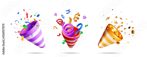 Three vibrant 3d party poppers with exploding confetti and streamers perfect for celebrations and festive occasions, vector illustration.