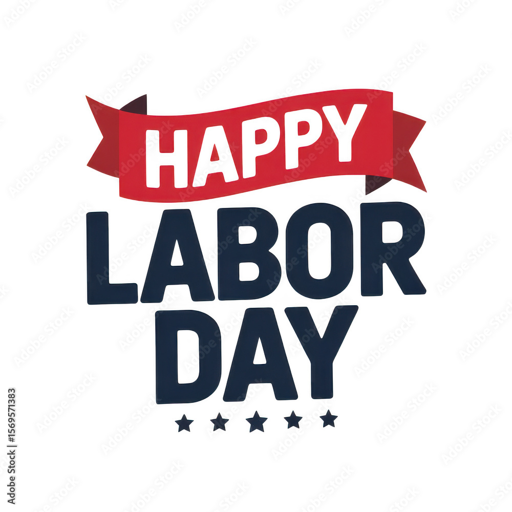 Fototapeta premium Happy labor day celebration text with red ribbon and stars isolated on transparent background