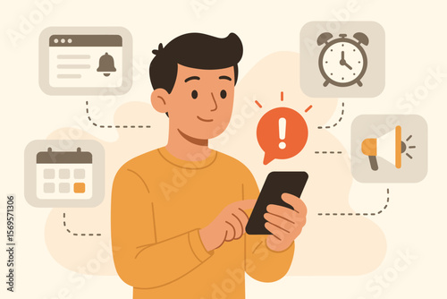 Alert notification concept. Man using smartphone to get push notifications, web reminders, and important announcements. Person checking schedule, agenda, and event updates.