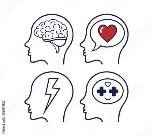 Mental State and Emotions Brain Love Anxiety and Happiness Icons.