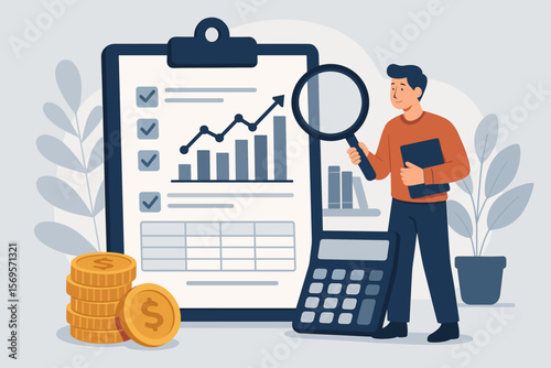 Auditor with magnifying glass checking financial data report. Accounting and bookkeeping concept. Business analysis, budget calculation, tax audit, investment growth vector.