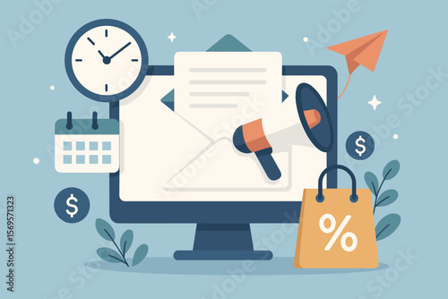 Email marketing automation. Scheduled mail sending. Digital promotion campaign. Business newsletter with offers. E-commerce advertising. Customer communication vector concept.