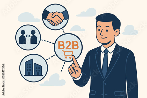 B2B marketing concept. Business to business commerce. Businessman pointing at icons for collaboration, partnership, deal. Corporate e-commerce strategy. Flat vector illustration.