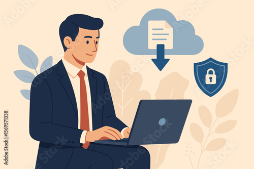 Cloud computing data security concept. Businessman with laptop downloading files from a secure cloud server. Cybersecurity, data protection, privacy, information technology.