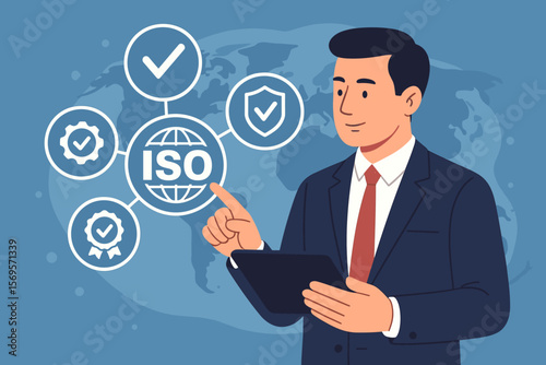 ISO certification concept. Quality management system. Businessman points to international standards icon. Compliance, control, assurance, guarantee. Vector for business.