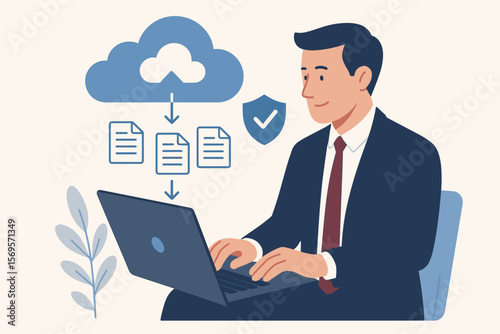 Cloud computing security concept. Businessman at laptop downloading protected files from secure cloud storage. Cybersecurity, data privacy, information technology vector.