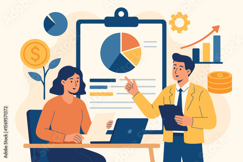 Budget planning and management concept. Company budget allocation for business. Corporate finance. Annual strategic plan for project management. Financial analysis vector.