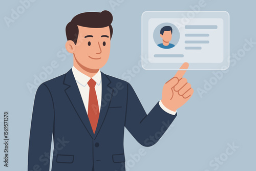 Digital identity verification concept. Man using virtual screen for authentication. Businessman with futuristic ID card for access control, personal data security, user profile.