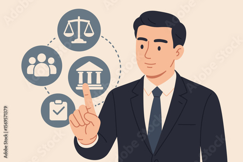Business legal advice concept. Lawyer, attorney at law touching virtual screen. Man interacts with law icons for justice, court, labor law, and corporate compliance services.