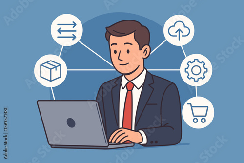 Businessman using laptop for EDI, Electronic Data Interchange. Supply chain management concept with icons for logistics, cloud, e-commerce, automation. Vector cartoon illustration.