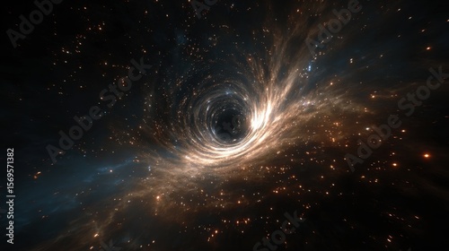 Cosmic Swirl: Captivating view of a black hole in deep space. The pull of gravity distorts space and time, while distant stars swirl around the event horizon.
