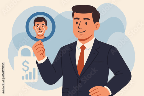 Biometric authentication for financial security. Businessman using face recognition for identity verification. Cybersecurity and data protection concept. Fintech personal data access.