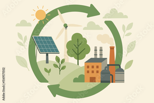 Circular economy concept. Sustainable development. Renewable green energy. Solar panel and wind turbine. Eco friendly industry. Ecology. Recycling symbol. Resource conservation.