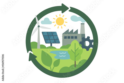 Circular economy concept vector. Sustainable industry with renewable green energy like wind and solar power. Eco friendly manufacturing, recycling and resources management icon.