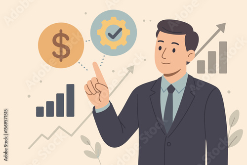 Quality control and cost management concept. Businessman balances price and value. Strategy for company efficiency, business growth, cost reduction and improvement.