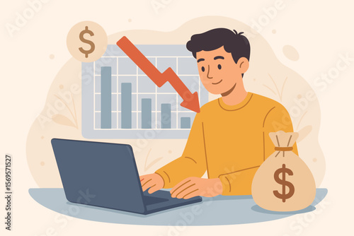 Cost reduction business finance concept. Budget management and expense cutting. Man using laptop to analyze decreasing chart. Financial optimization and saving money vector.