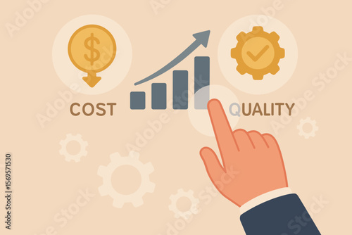 Cost and quality control concept. Hand manages balance between price reduction and product improvement. Business strategy for efficiency, performance and company growth.