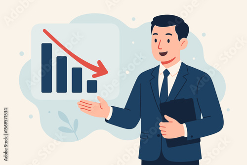 Cost reduction business finance concept. Budget management and expense control. Businessman presents a decreasing graph with a down arrow. Financial crisis, recession, loss.