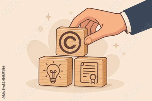 Hand building with wooden blocks for copyright, patent, and intellectual property concept. Idea, license, and author rights protection. Modern flat vector cartoon illustration.