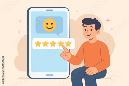 Customer satisfaction service concept. Man gives a positive 5 star rating on a mobile phone application. User experience feedback, client review and good quality evaluation.