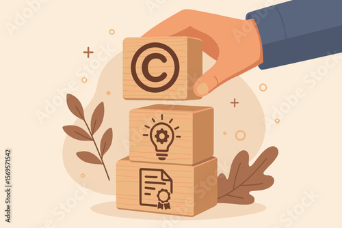 Intellectual property concept. Hand stacking wooden blocks with copyright, patent, and idea icons. Author rights, license, and brand protection vector illustration. Flat design.