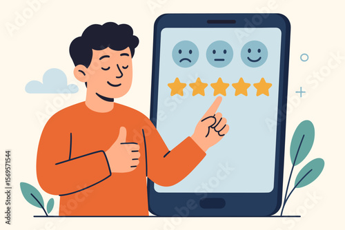 Customer satisfaction concept. Man gives positive review with 5 star rating on smartphone. User experience feedback, client service evaluation. Excellent quality vote vector cartoon.